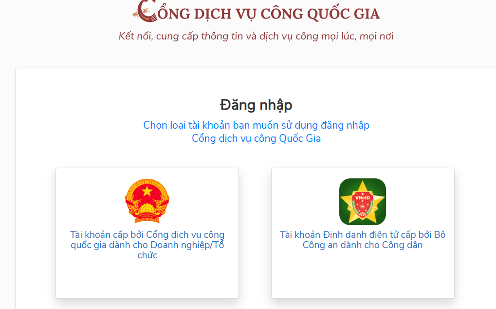 Đăng nhập dịch vụ cồng bằng VneID