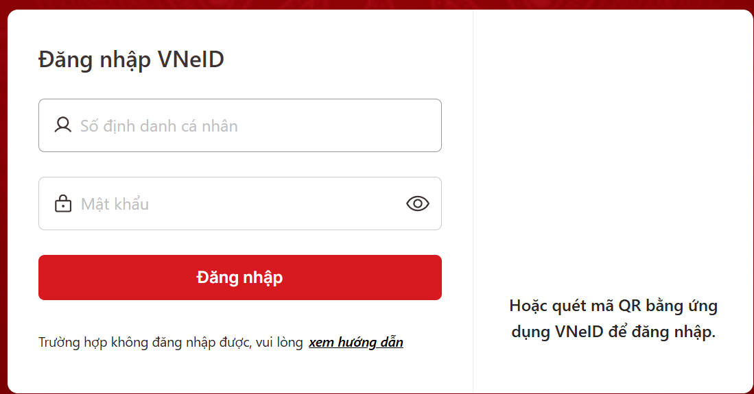 Đăng nhập tài khoản VneID vào cổng dịch vụ công