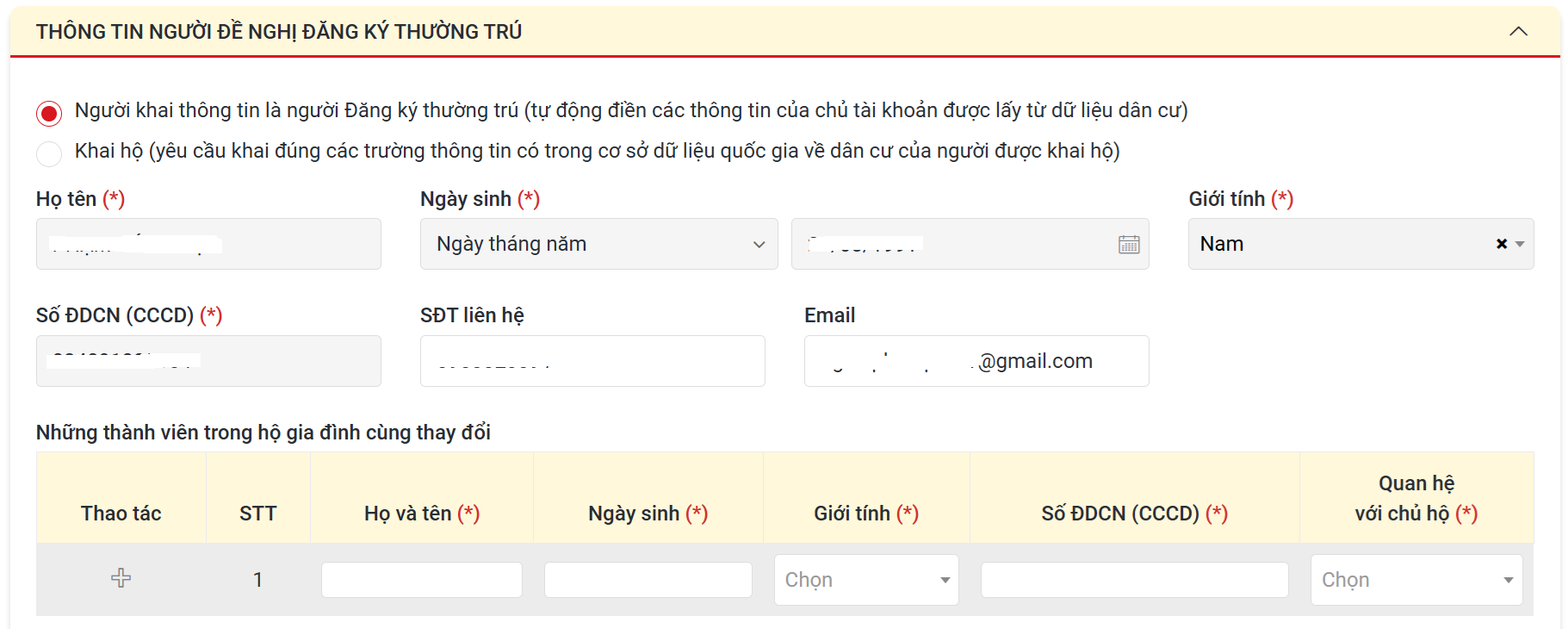 Thông tin người đề nghị khai báo thường trú